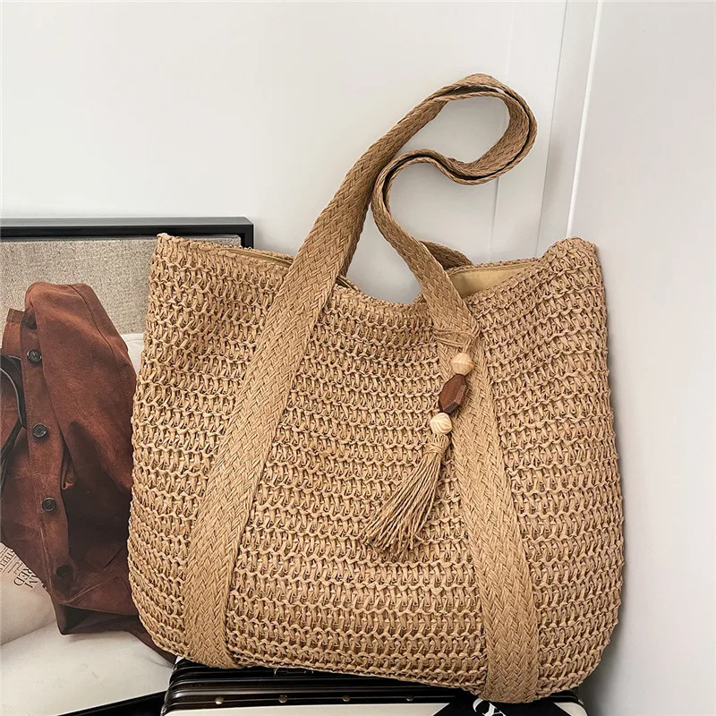 

Минималистичная ретро-сумка-тоут из плетеного материала, повседневная и простая сумка через плечо для женщин, прочная сумка для поездок на работу, для пляжного отдыха, большая вместимость