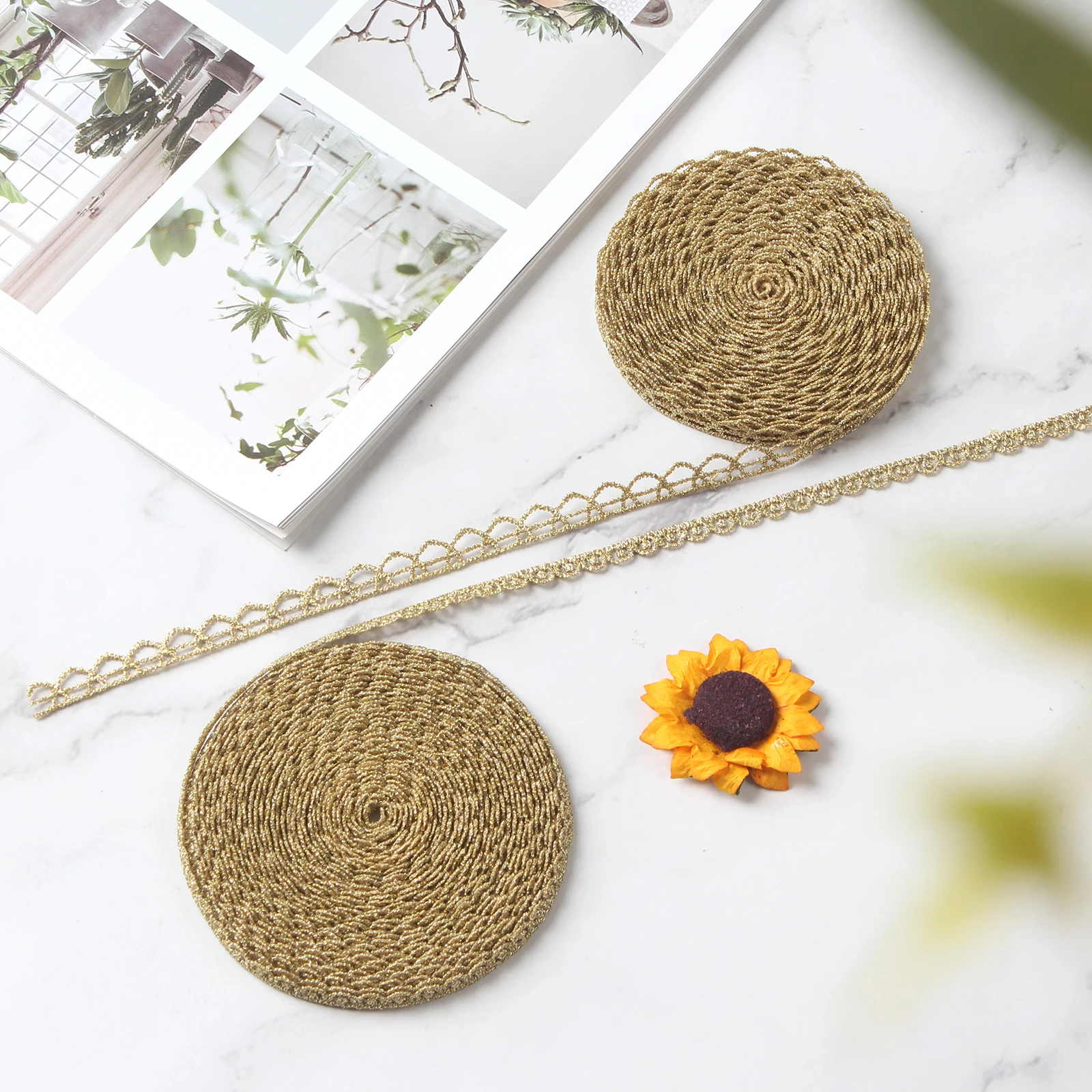 2 Design Gold Lace Trim Gold Gimp Trim Gold Metallic Trim for Sewing, Cake, Headband, Bracelet, Bag,Cake Fringe, Wedding Dress