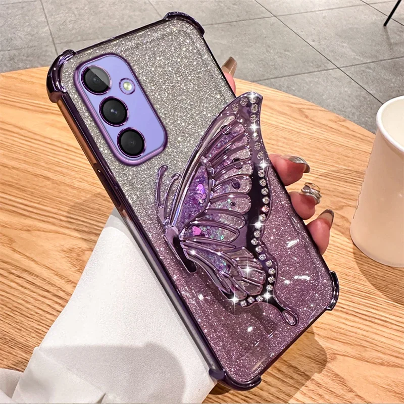 Liquid Sand Butterfly Phone Holder Shockproof Case for Samsung S25 Plus S24 FE S23 S20 FE Note 20 10 A16 06 26 36 56 73 51 05 04