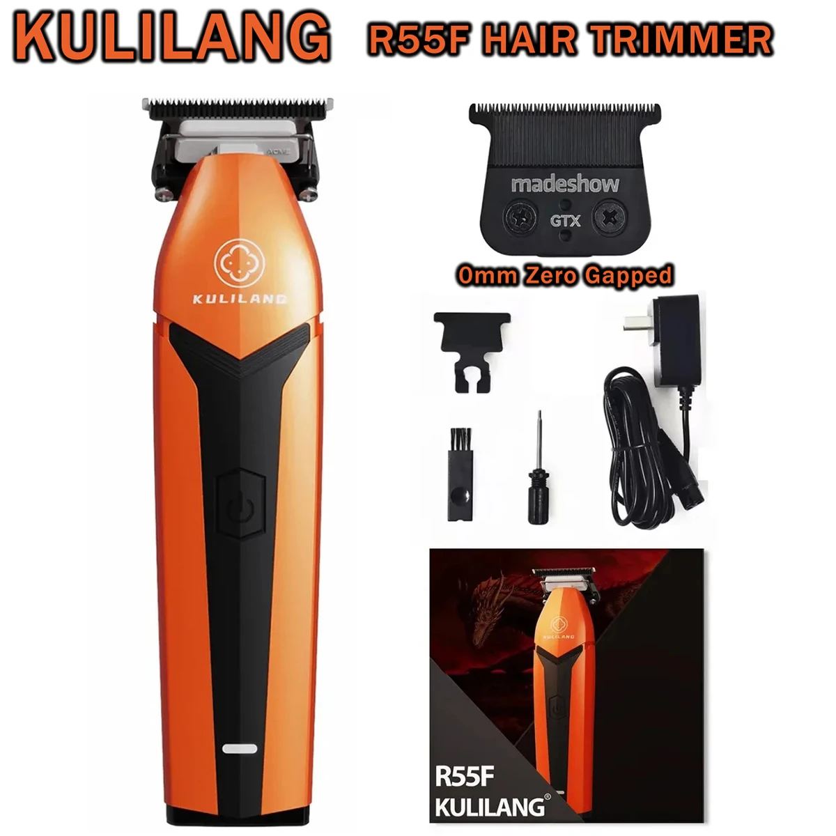 KULILANG R55F Orange Professional Hair Trimmer 7200RPM 0mm Gapped Blade High Quality Electric Clipper for Man Barbershop