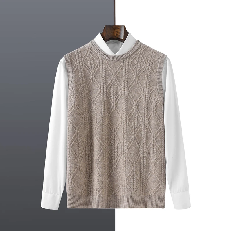 Men's O-neck Knitted Sleeveless Head Vest Sweater New Arrival Autumn and Winter 100% Pure Wool Casual Fashion Tank Pullover Top