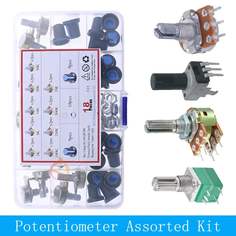 Single Dual Potentiometer Assortment Kit 3Pin 5Pin 6Pin Switch Audio Shaft Amplifier Sealing B1K 2K 5K10K 20K 50K 100K 250K 500K