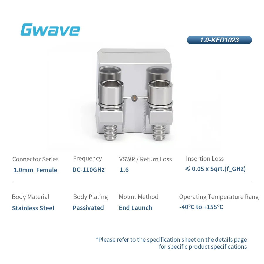 Gwave 1.0mm Female Solderless 50 Ohm Stainless Steel RoHS Compliant RF Connector End Launch For PCB 0.127mm Pin DC-110GHz