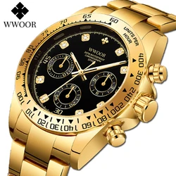 WWOOR New Mens Watches Top Brand Luxury Quartz Wrist Watch Sports Waterproof Chronograph Full Steel Watch Male Relogio Masculino