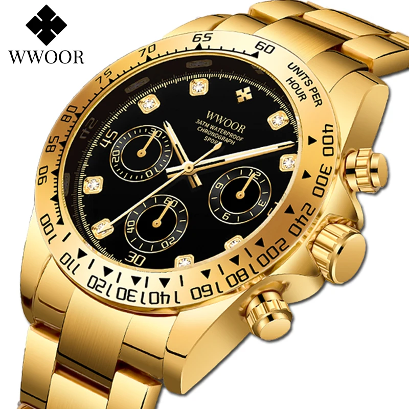 WWOOR New Mens Watches Top Brand Luxury Quartz Wrist Watch Sports Waterproof Chronograph Full Steel Watch Male Relogio Masculino