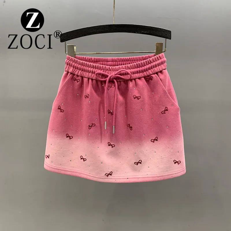 [Zoci] Gradiënt Hete Diamant Sport Korte Vrouwen 2024 Zomer Elastische Taille Geborduurde Casual Guard Rok Meisje A-Line