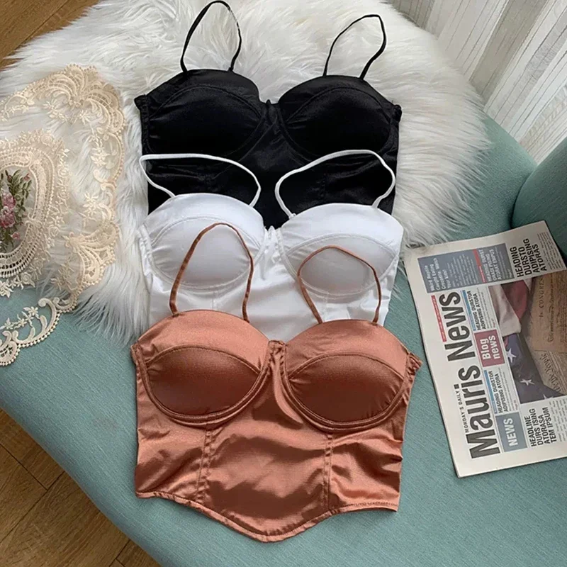 2025  Women Sexy Crop Top Solid Pleated Satin Tanks Top With Bra Pad Beach Camis Spaghetti Backless Casual Top Spring Summer