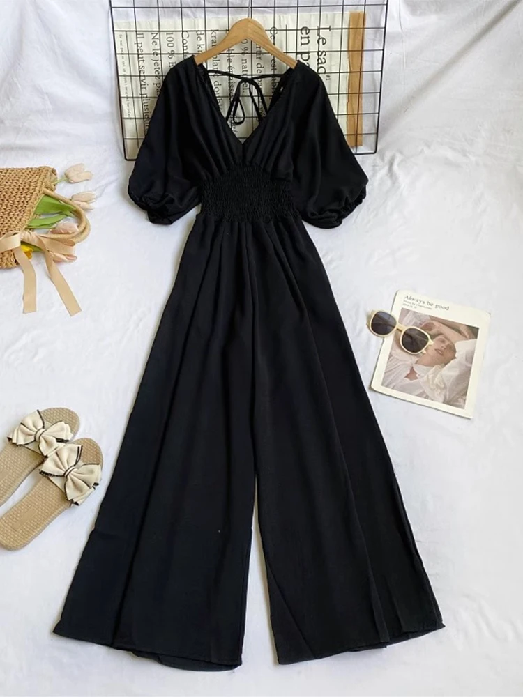 Spring Summer Women Solid Color Jumpsuits Blue/Black/Red V-Neck Puff Short Sleeve Wide Leg Romper Female Elegant Casual Rompers