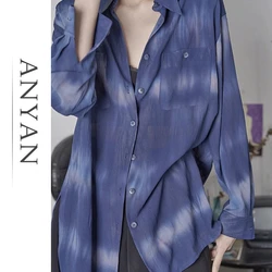 Haze Blue Vintage Shirt Summer 2024 New Women French Thin Luxury Imitation Silk Lapel Collar Single-breasted Long Sleeved Tops