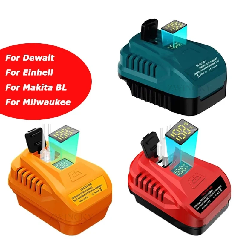 

Адаптер-зарядное устройство для литий-ионных аккумуляторов Makita/Einhell/Milwaukee/Dewalt 18В с входом/выходом USB Type-C, инвертор для быстрой зарядки