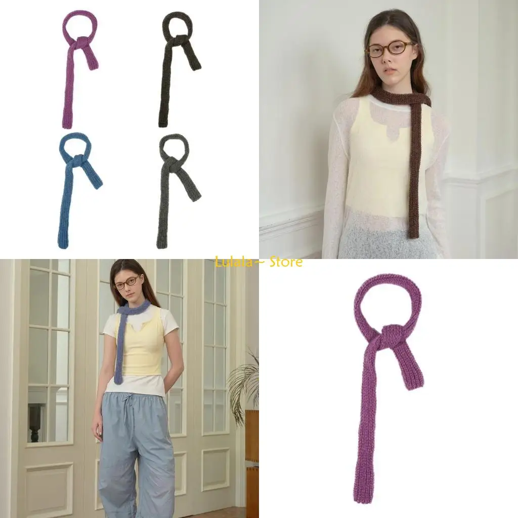Y4QA Short Knitted Thin Scarf Lady Girls Small Neckerchief Posing Scarf Fashion