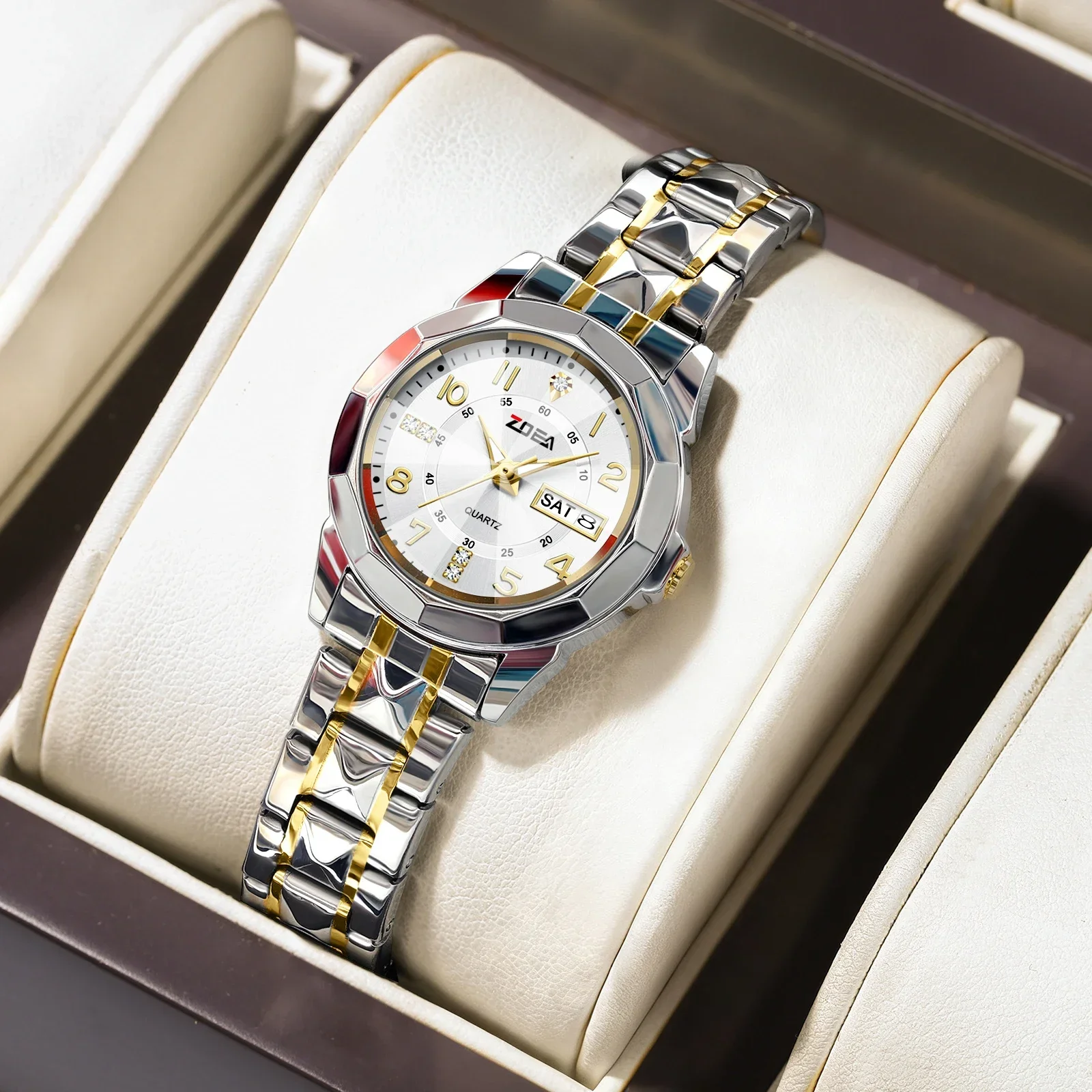 

ZOEA Ladies Quartz Watch Rhinestone Dial Luminous Hands Dual Calendar 30M Waterproof Stainless Steel Bracelet Wristwatch
