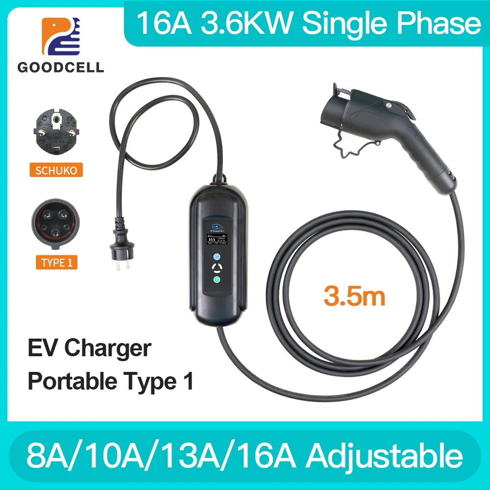 

Portable EV Charger Wallbox 16A 3.6KW Type 1 SAE J1772 Standard Adjust Current Charging For Electric Vehicle Total Length 3.5M