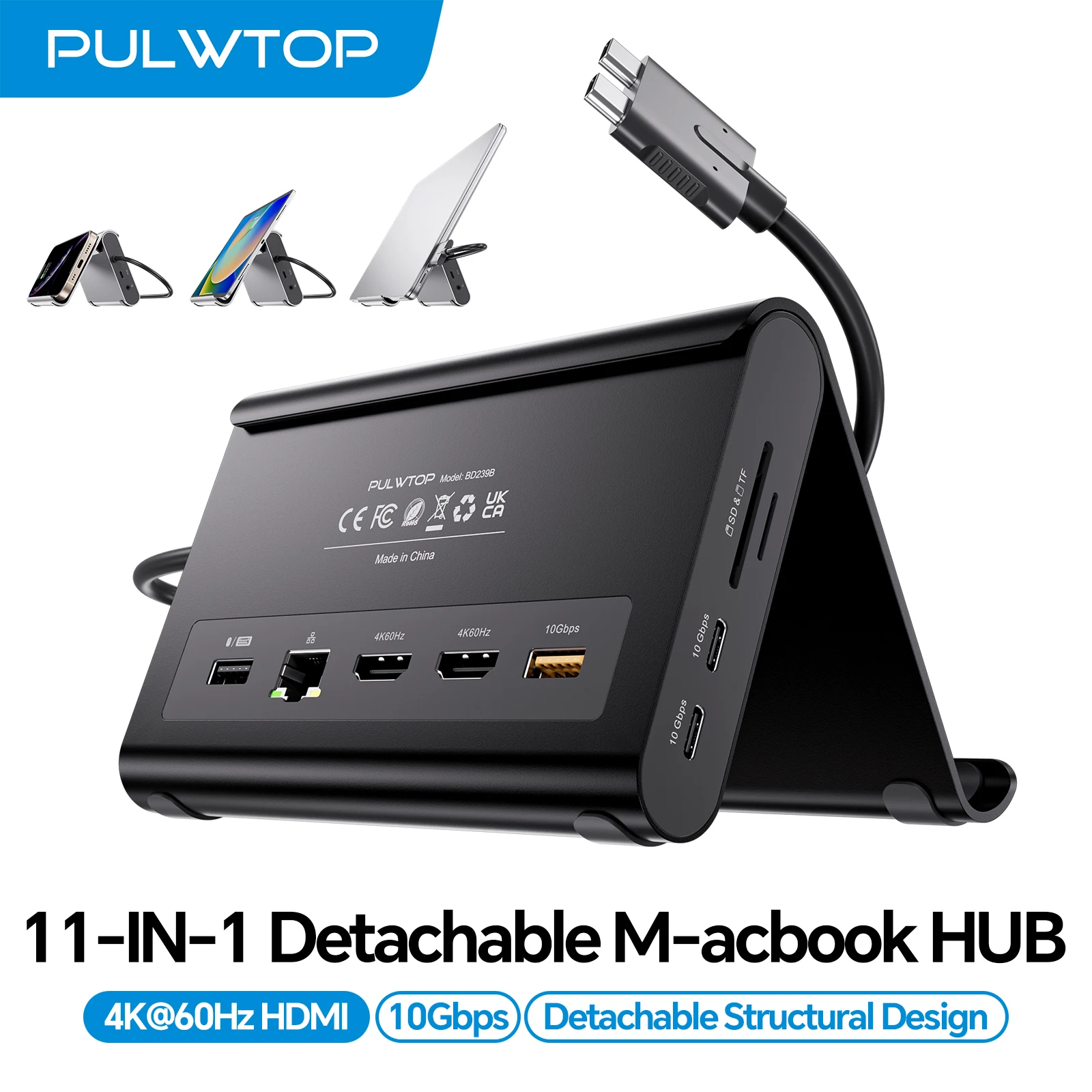 PULWTOP MacBook Docking Station with 2X 4K@60Hz HDMI, 100W PD, RJ45, USB C 10Gbps, SD/TF, Audio, for MacBook Pro/Air M4/M5