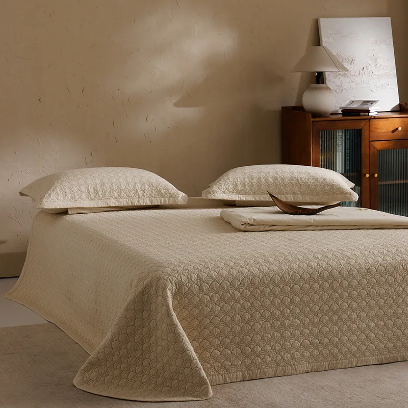 

Luxury Solid Color Quilted Bedspread Set 3pcs Queen - Natural Cotton Linen Blend Lightweight Bedding Coverlet, Home Decor