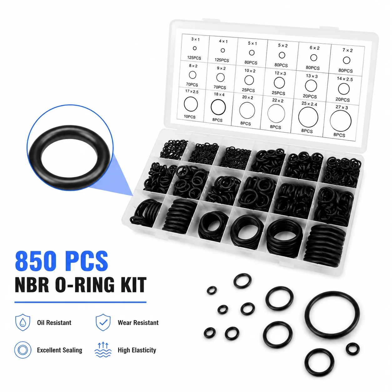 850 Pieces of NBR O-ring Combination Black Nitrile Rubber CS1-4mm Outer Diameter 3-27mm, Auto Repair Anti Leakage Kit