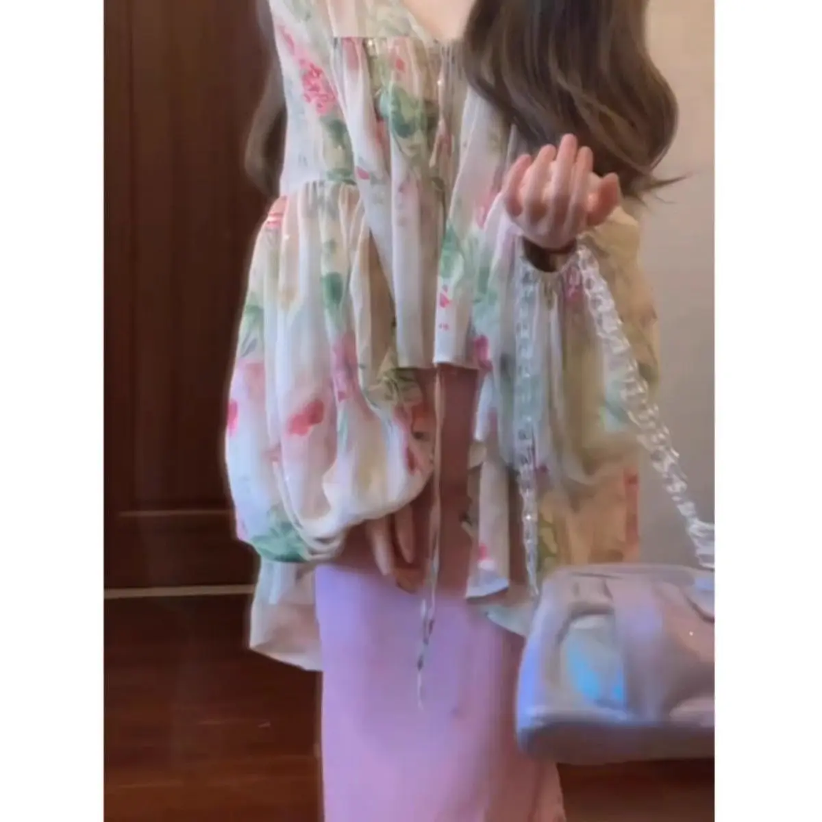 Atasan Lengan Lentera Cetak Temperamen Perancis untuk Wanita Rok Kelas Atas Baru Musim Semi Setelan Cina Baru