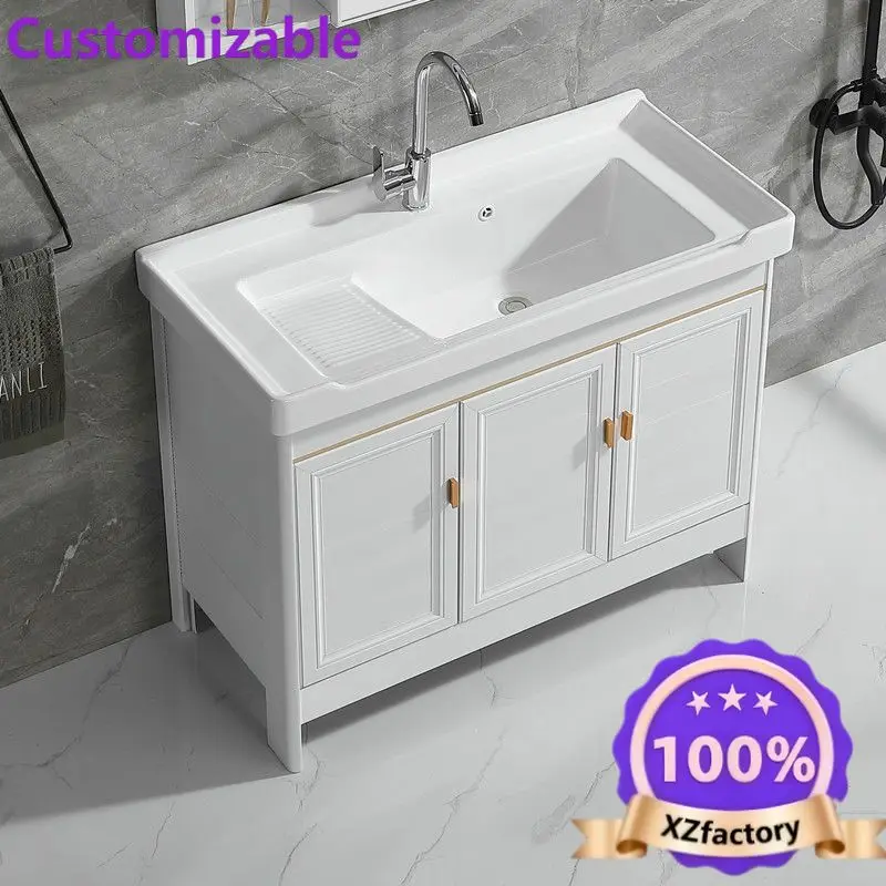 Factory Direct 2026 Bathroom Balcony Ceramic Laundry Basin with Rub Board Sink Space Aluminum White Floor-to-ceiling Bathroom Ca