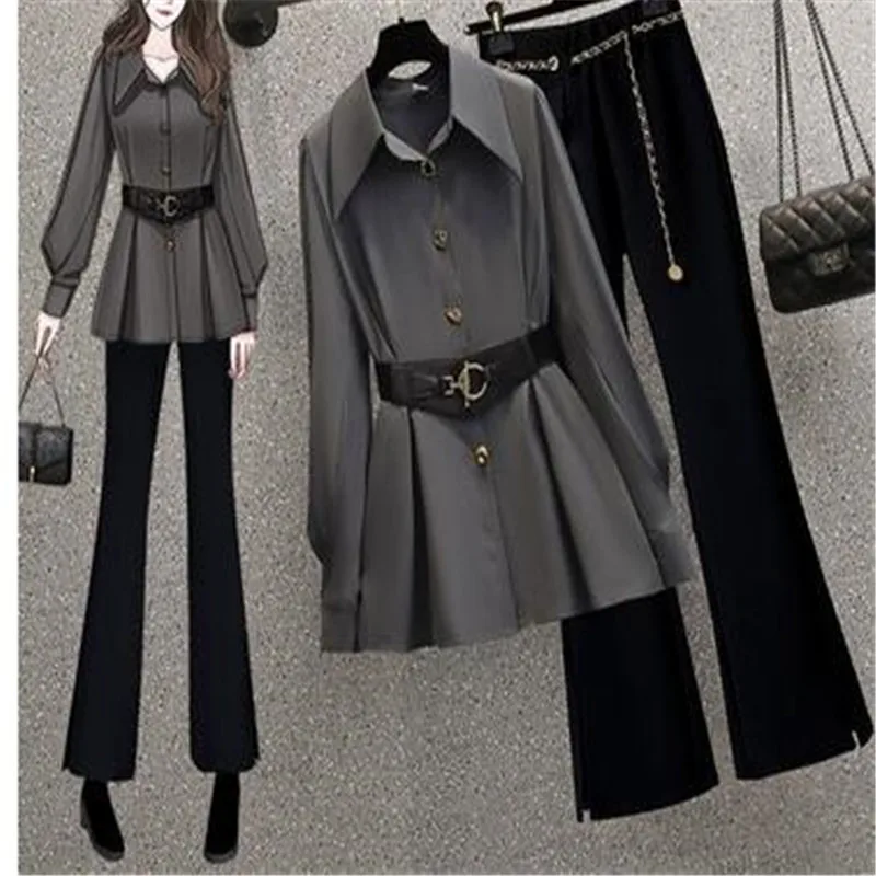 

Graceful Shirt with Waist Belt Spring Autumn 2023 Office Lady Casual Blouse High Waist Flare Pants Two Pieces Set Trousers