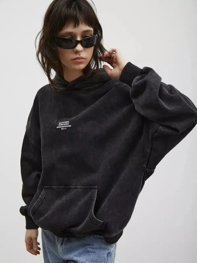 Felpe con cappuccio grafiche con lettere divertenti alla moda di strada russa Felpa oversize nera lavata invecchiata Coppie hip-hop punk grunge allentate