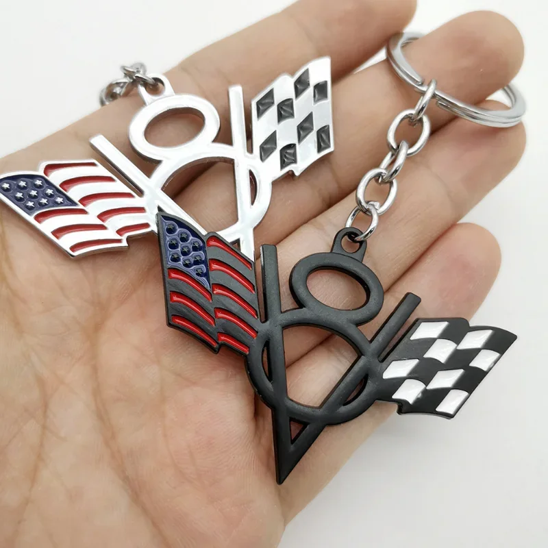 3D Metal V8 Logo National American Flag US Car Keychain Keyring Key Chain Ring Holder For Ford Jeep Dodge