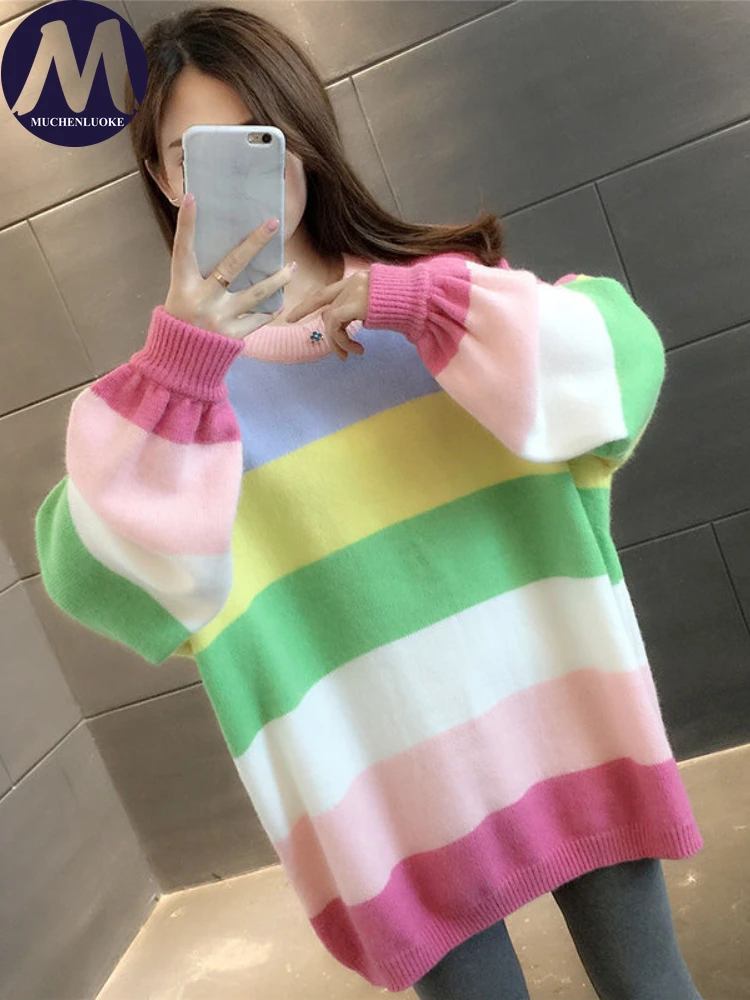 Women's Rainbow Stripe O-Neck Sweater, Loose Knitted Pullovers, Casual Tops, Lazy Breeze, New Fashion, Autumn, Winter, 2023