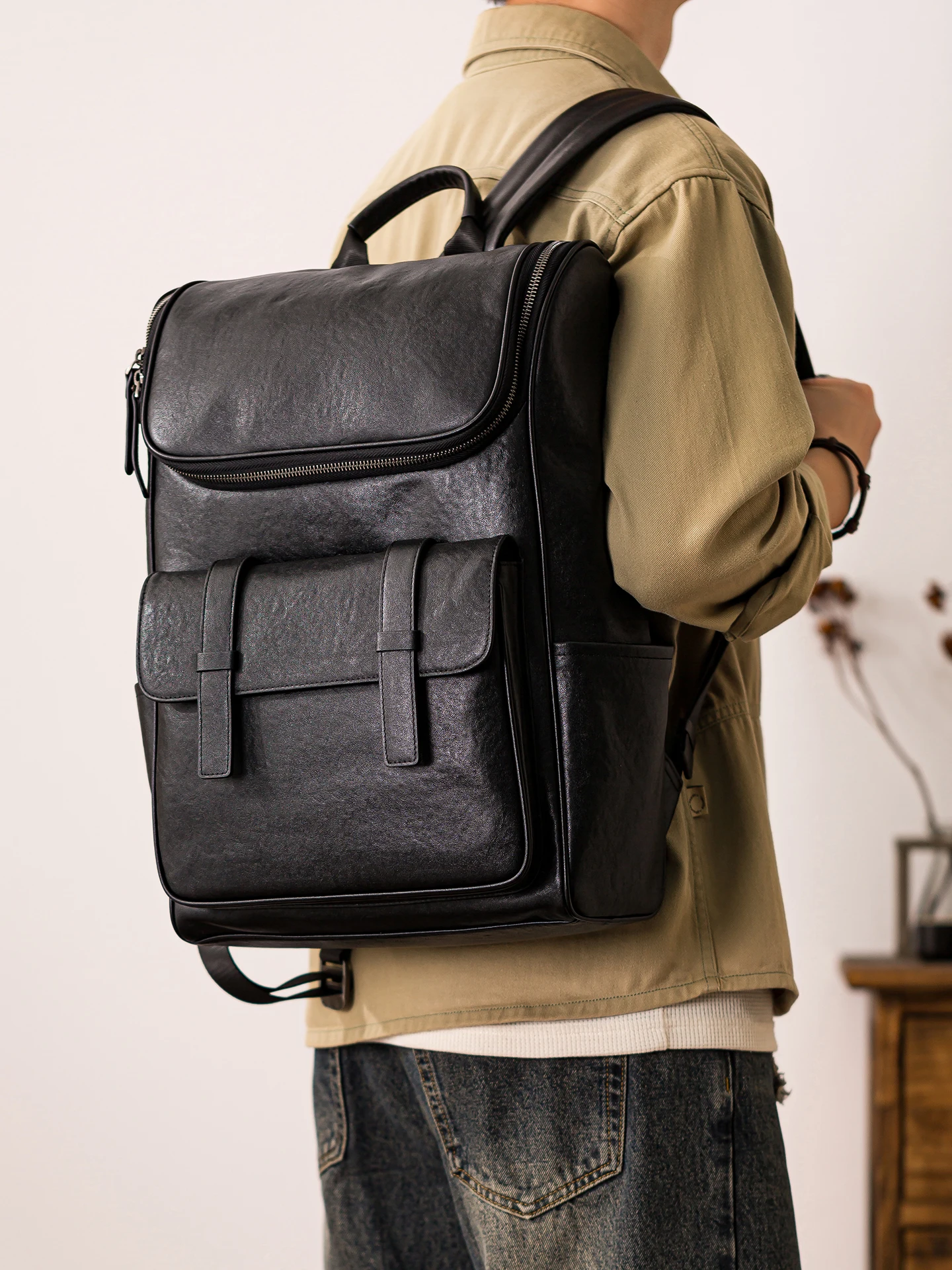 weekend travel vegetable tanned cowhide men's black large-capacity backpack casual luxury soft genuine leather laptop bookbag