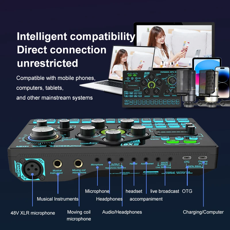 External Music RGB Lighting Wired 2 MIC 2 Phones Interface Audio Studio Sound Card Recording Microphone