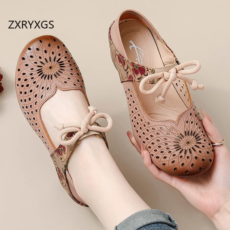 ZXRYXGS Chinese Style Cowhide Printing Hollow Women Leather Sandals New 2024 Summer Elegant Fashionable Sandals Mid Heel Shoes