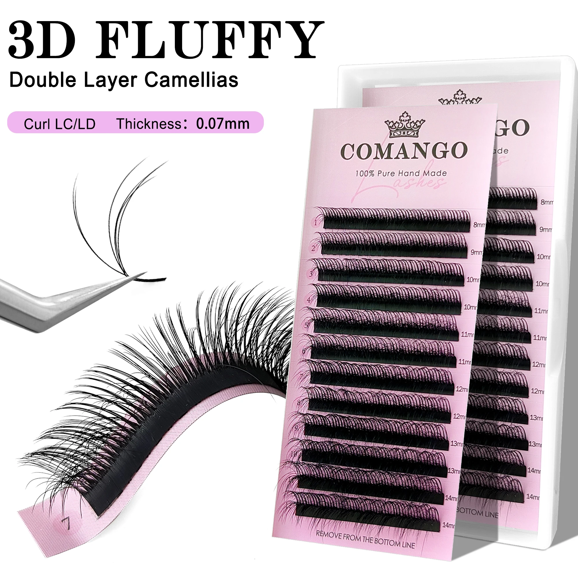 Comango ขนตาปลอมสองชั้นแบบ3D Camellia สำหรับต่อขนตาขนตาธรรมชาติเนื้อนุ่มฟูทำให้ดูมีวอลลุ่มพร้อมขนตา