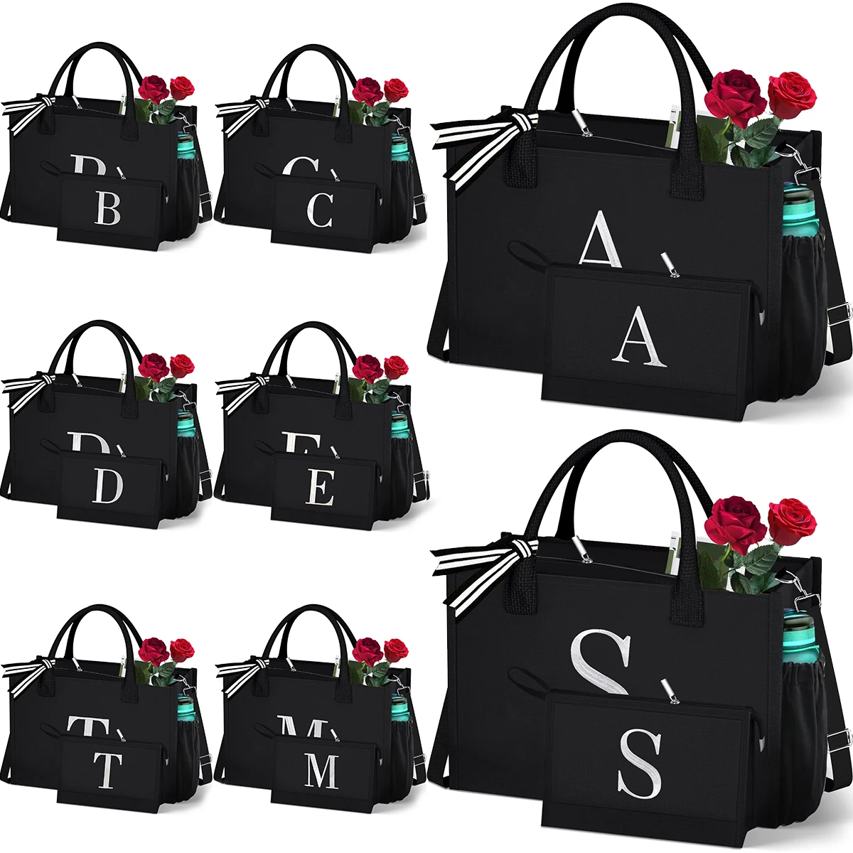 Canvas Tote Bag Set With Letter Embroidery Large Waterproof Shoulder Shopping Bag