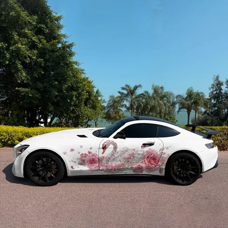 2pcs.High-Quality Cool 2D Diamond, Swan and Rose Car Wrap Sticker, Suitable for Any Car Model, Decorative and Practical w