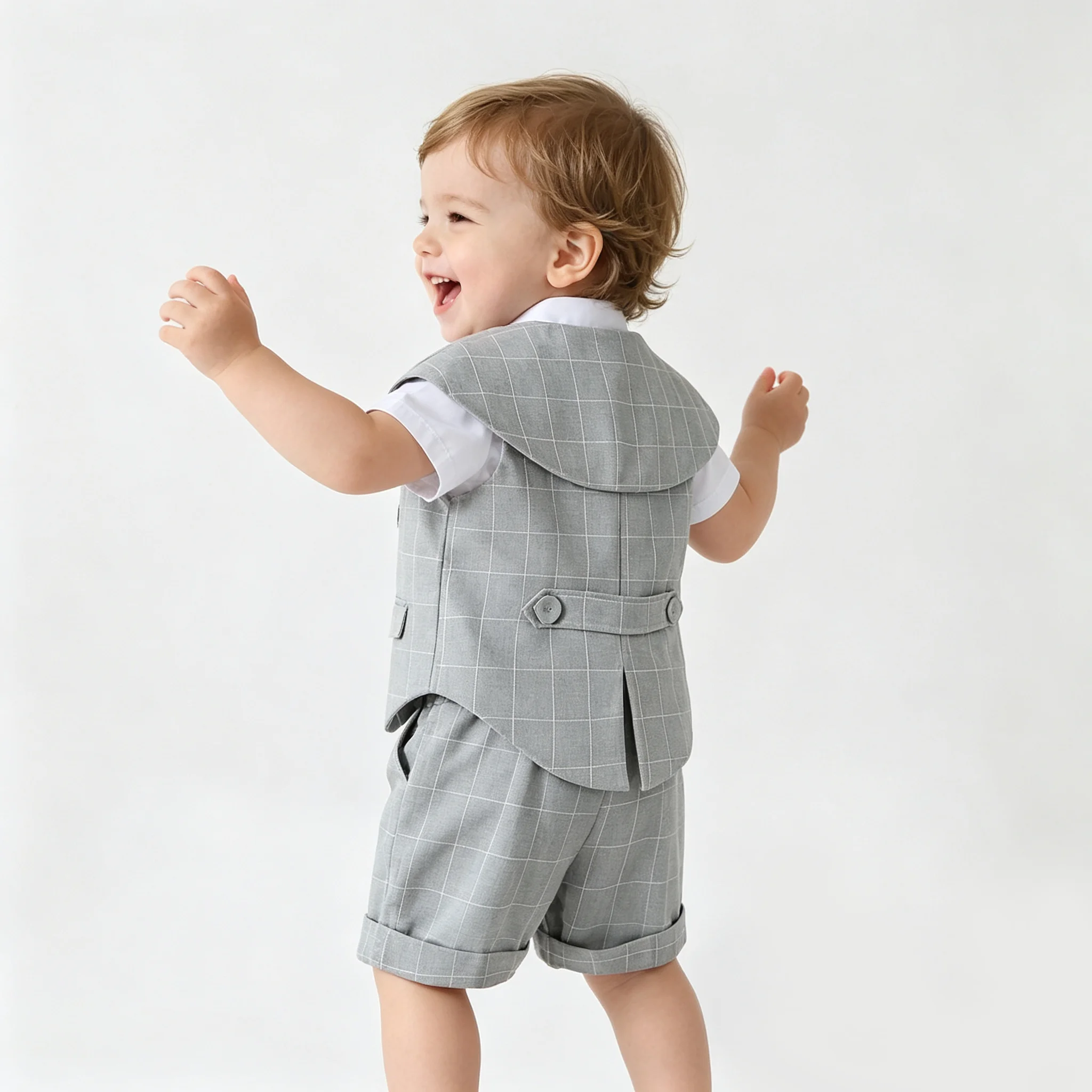 Gray Plaid Toddler Boy Gentleman Suit White Shirt Summer Thin Linen Vest Shorts Bow Tie Kids Wedding Baptism Formal Costume Set