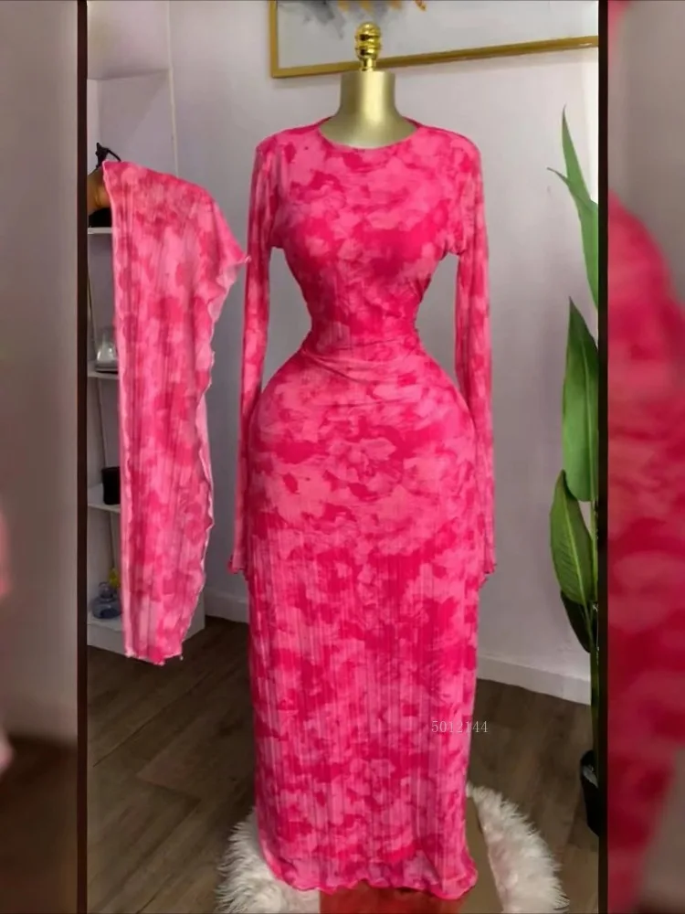 2026年 レディース タイダイ柄 レースアップ バック スカーフ付き ボディコン ミディ丈 長袖 プリーツ マキシ丈ワンピース パーティー 教育 休暇 ロングドレス