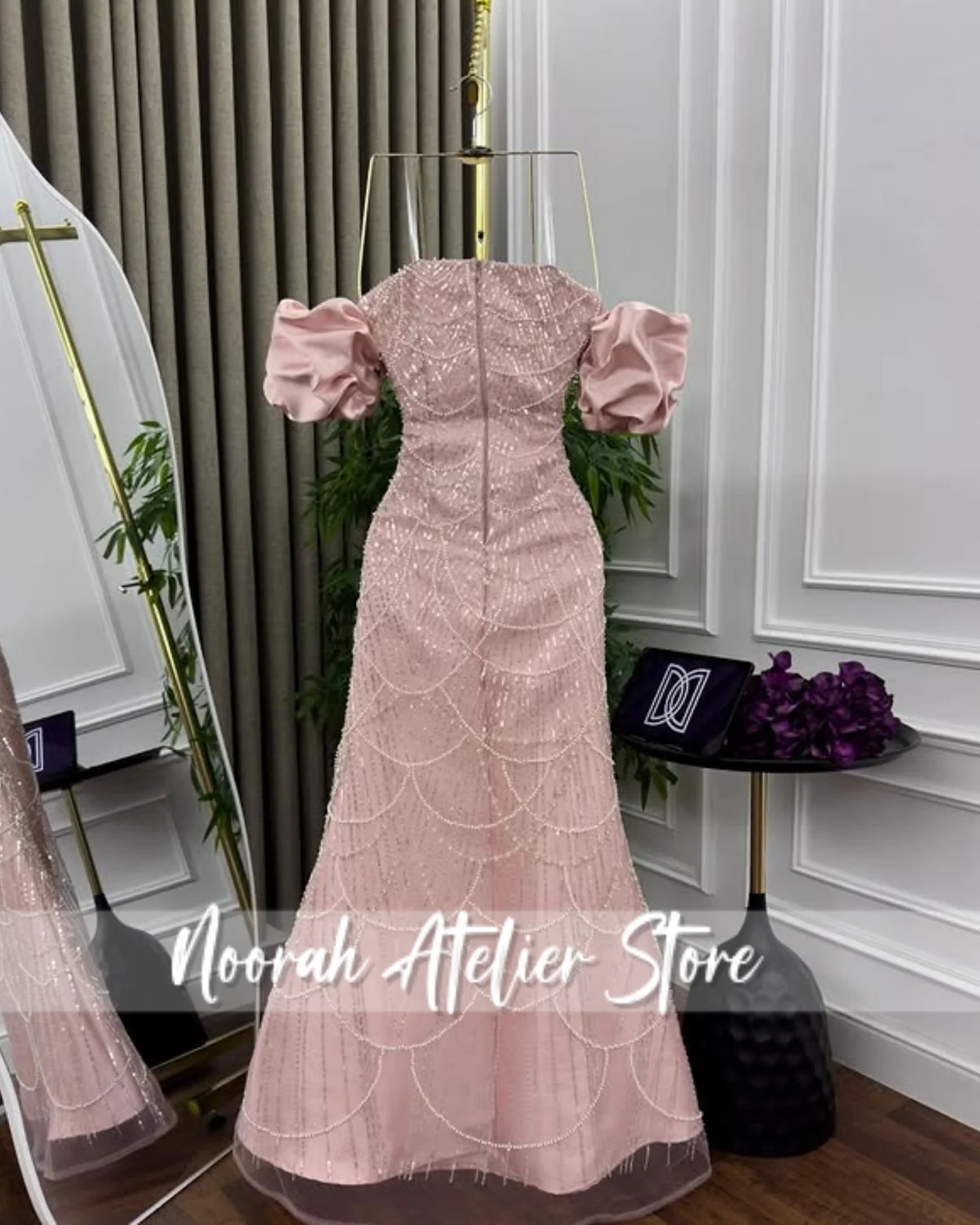 Vestidos de Noche lujosos de media manga con hombros descubiertos para mujer, vestido de fiesta largo hasta el suelo con borlas y cuentas de Dubái, color rosa, personalizado, 2025