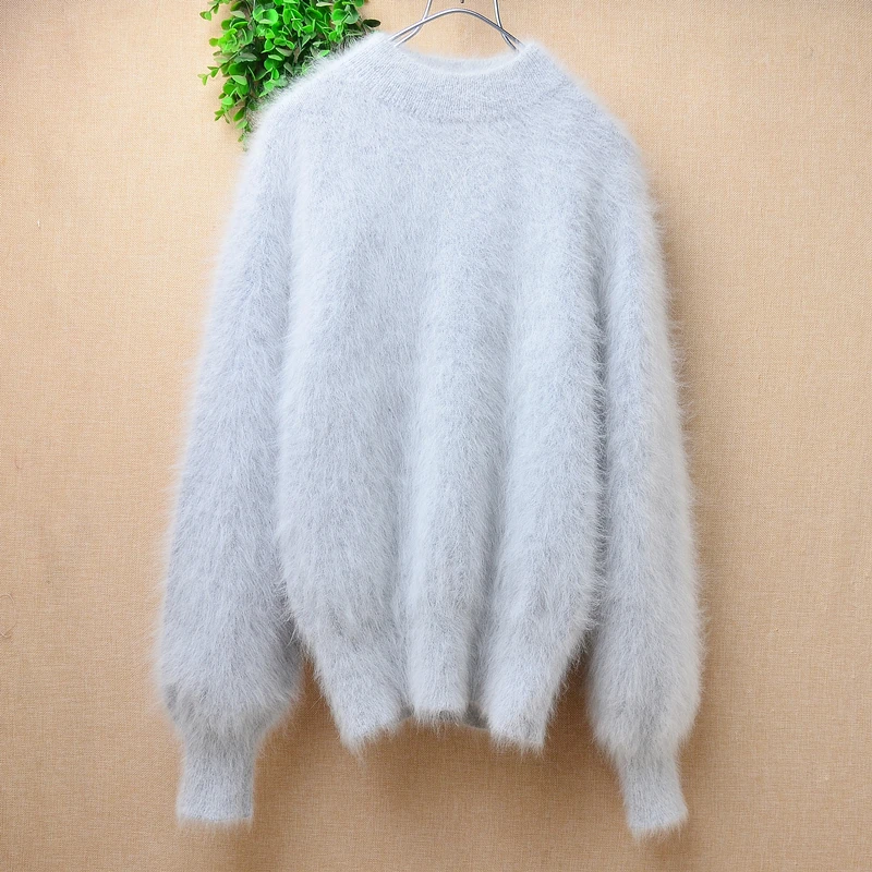 

Ladies Women Fall Winter Clothing Grey Hairy Angora Rabbit Hair Knitted Turtleneck Long Lantern Sleeves Slim Blouses Sweater Top