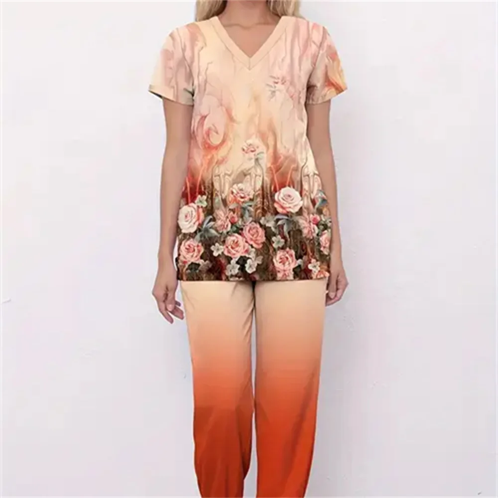 Conjunto esfoliante feminino com estampa de margaridas – uniforme de enfermeira floral 3D elegante, tecido de poliéster confortável, decote em V, manga regular, curto
