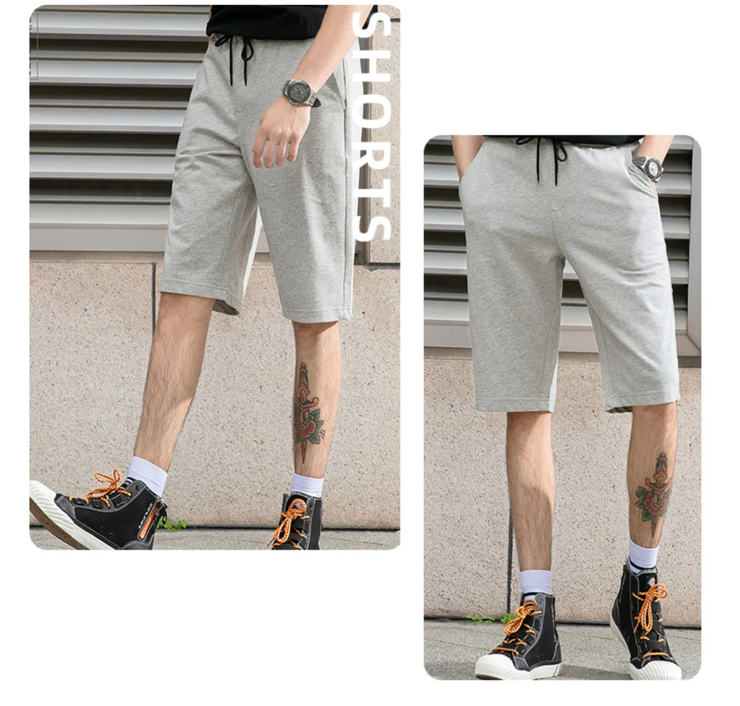 Men\'s Summer 100% Cotton Soft Knee Length Shorts Solid Gray Customized Cargo Short High Quality 200g Casual Gym Sports Trunks