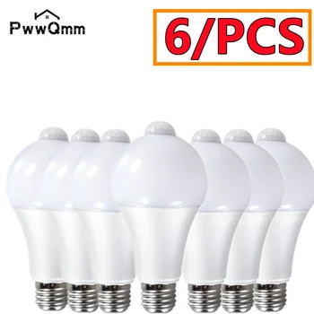 PwwQmm E27 6 adet/grup PIR Hareket Sensörü Lamba 9 W 12 W 15 W 18 W 220 V Hareket Sensörü ile LED Ampul Kızılötesi Radyasyon Hareket Dedektörü