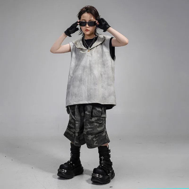 

Одежда в стиле хип-хоп для мальчиков, футболка без рукавов с капюшоном, штаны для уличных танцев, костюм K-pop для девочек, детская уличная одежда, комплект детской сценической одежды