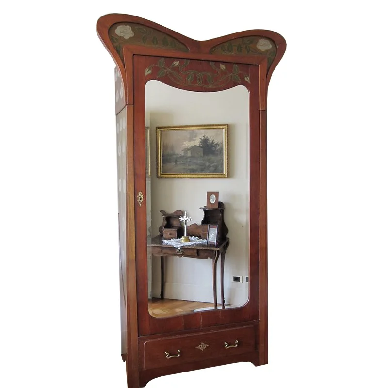 French retro solid wood art single door wardrobe, small apartment, wardrobe with mirror