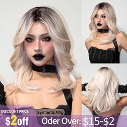 Body Wave Wig with Curtain Bangs Medium Length Ombre Blonde Wigs for Women Highlight Platinum Curly Synthetic Wig Heat Resistant