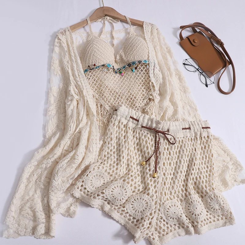 Holiday Beach Style Suit Women's V-neck Fringe Camisole + High Waist Shorts Hollowed Out Crocheted Three-piece Set for Lady