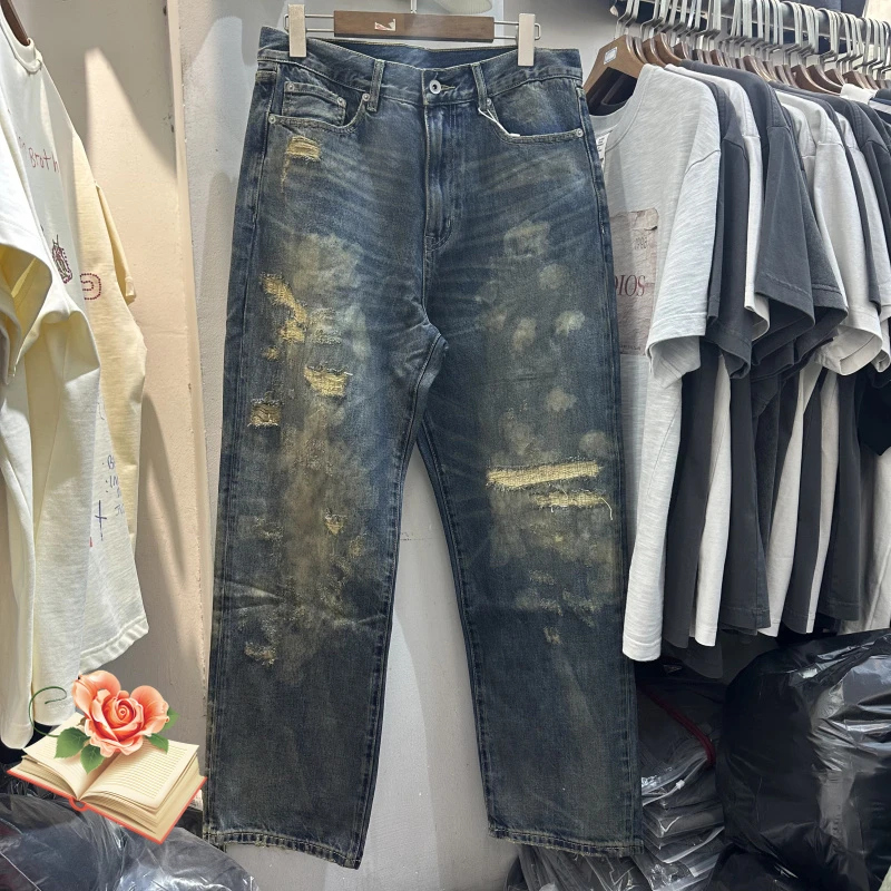 

Осень 2023, новые потертые потертые джинсы с вырезами, поврежденные джинсы для мужчин и женщин, синие повседневные прямые свободные джинсовые брюки, брюки