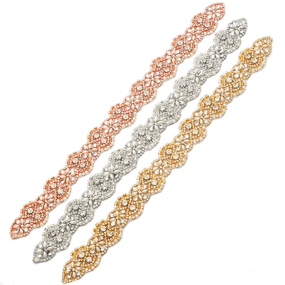 

Rhinestone Pearls Stunned Patch Iron on Bridal Wedding Waistband Applique Trim Craft Accessories Garment Belt Hot Fix Sew Iron