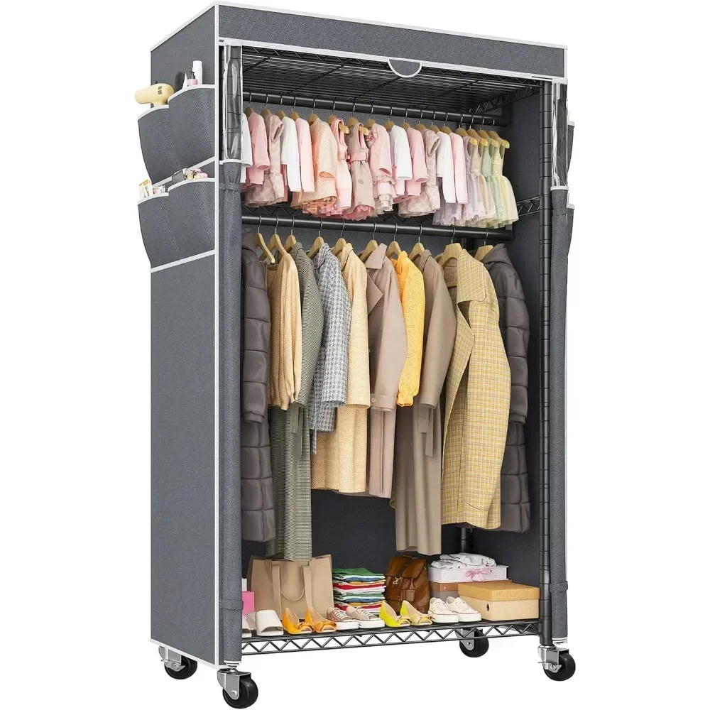 

Heavy Duty Clothes Rack with Cover,Clothing Racks for Hanging Clothes,Rolling Clothing Rack with Wheels