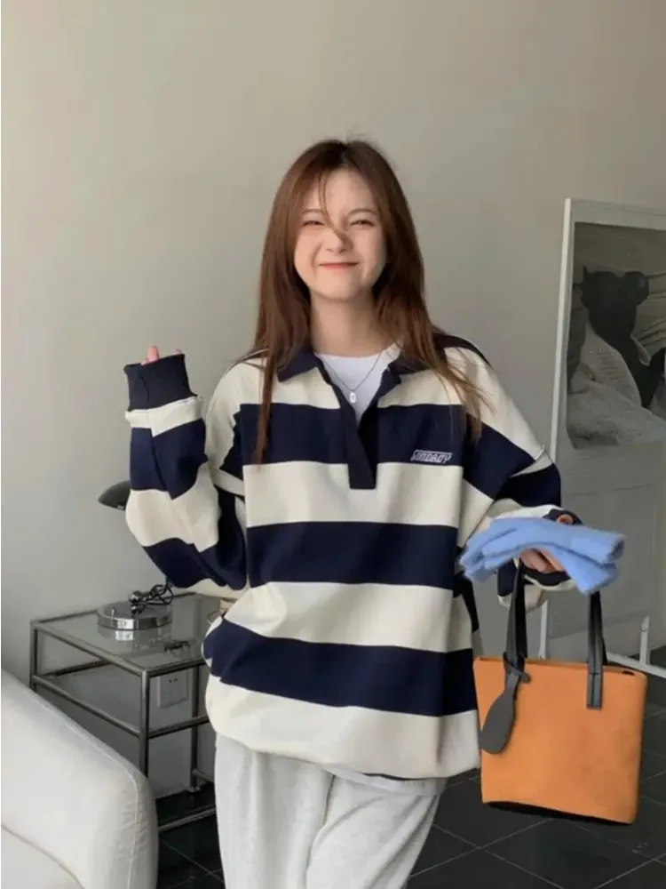 Korean New Pattern Style Pullover Female Fashion Polo Sweatshirt Ladies Casual Long Sleeve Top Harajuku Striped Sweatshirt Women