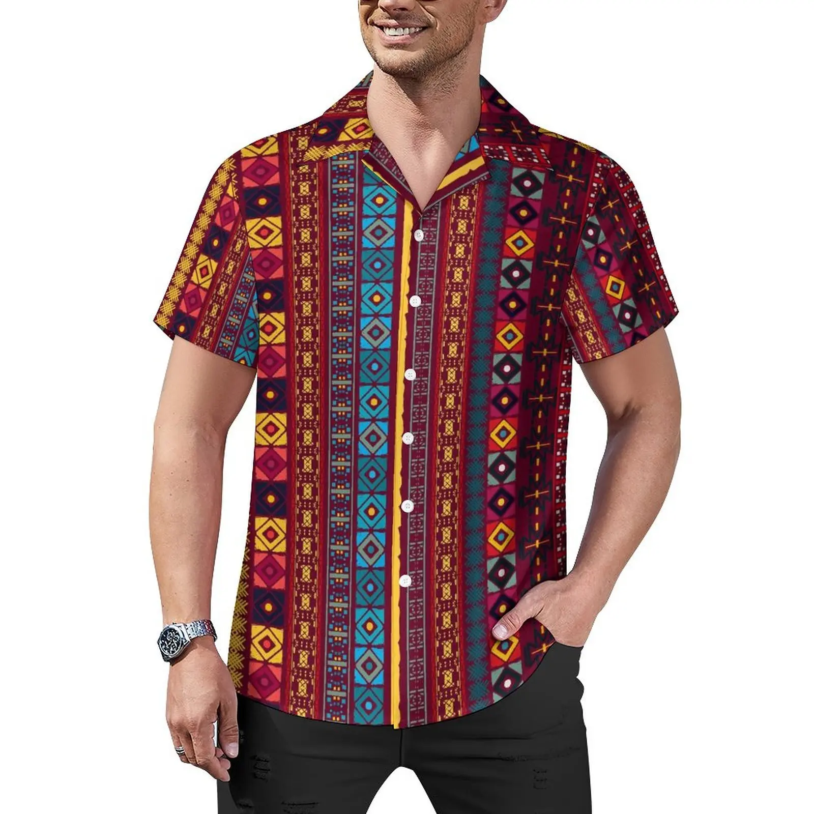 Etniczna koszula plażowa Boho Mężczyźni Aztec Vintage Print Eleganckie koszule na co dzień Hawajska koszulka z krótkim rękawem Wygodne bluzki oversize Prezent