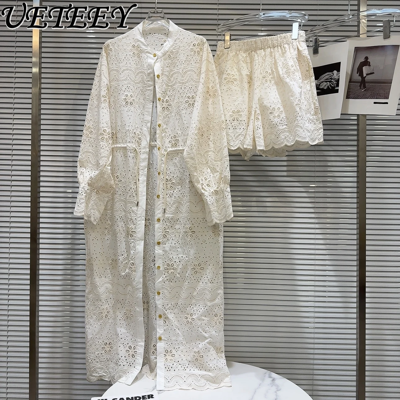 

2024 Summer New Crocheted Drawstring Lace-up Long Sunscreen Coat Shirt Women High Waist Fashion Hollow Shorts Set Women's Outfit