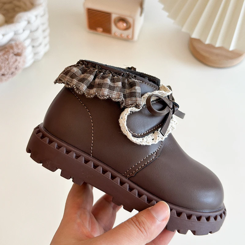 Retro-Stiefeletten für Mädchen mit Karomuster, Spitze und Rüschen, Schleifendekor, Klettverschluss, dicke, gezackte, rutschfeste Sohle, für Kleinkinder, Prinzessinnen-Stil – Detail 6